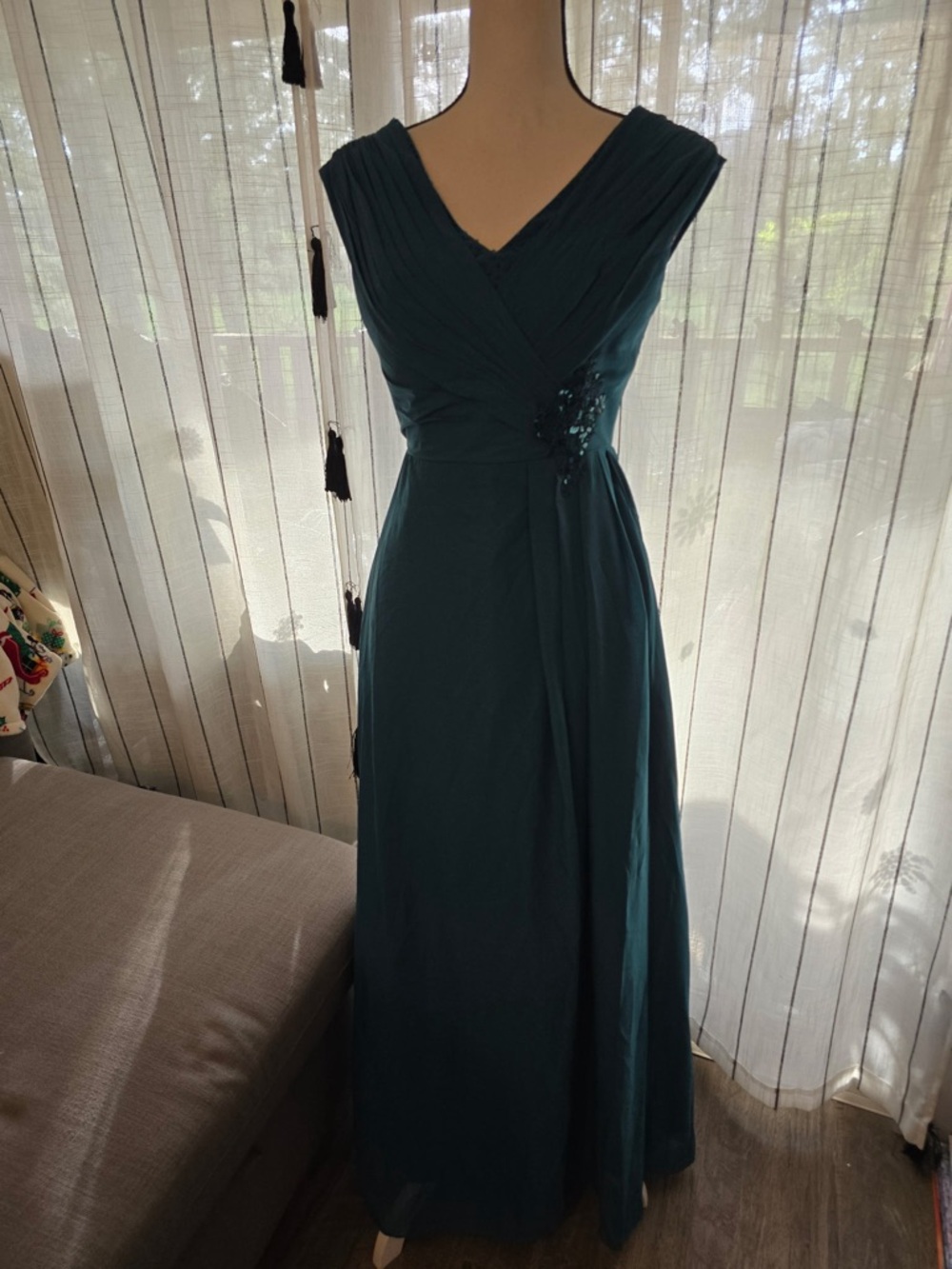 Deep Teal Sleeveless V-Neck Maxi Dress with Gathered Waist